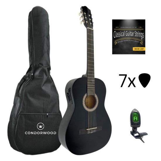 Condorwood C44-BK EQ elektro klasikinė gitara su rinkiniu STARTER